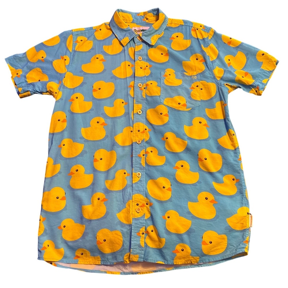 Tipsy Elves Rubber Ducky Hawaiian Shirt Blue Yellow Novelty Button Down M
